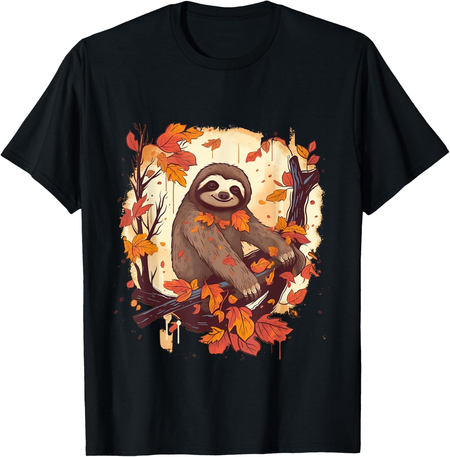 Sloth Fall Leaves Thanksgiving Day Animal Men Women Kids T-Shirt - T-Shirt | Black