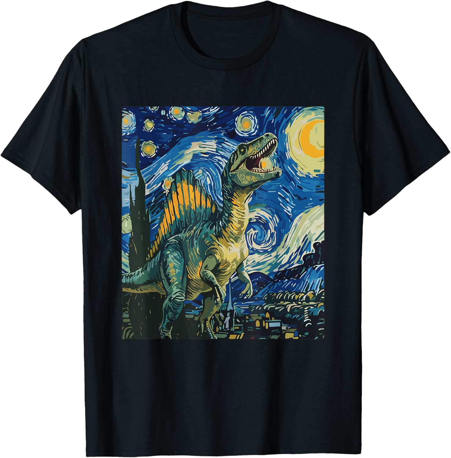 Spinosaurus Mirabilis Dinosaur Starry Night Art T-Shirt - T-Shirt | Black