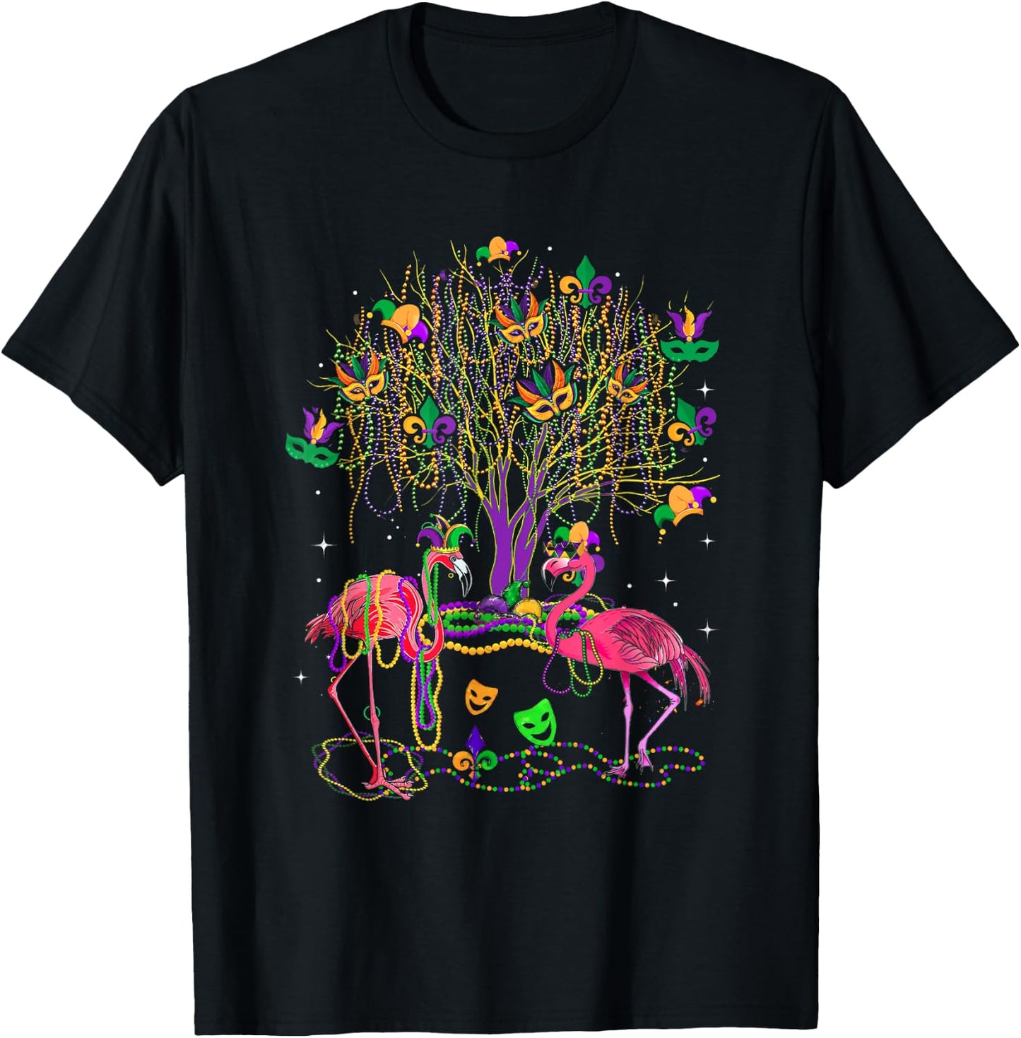 Mardi Gras Flamingo Bird Parade Fleur-de-lis Carnival Party T-Shirt - T-Shirt | Black
