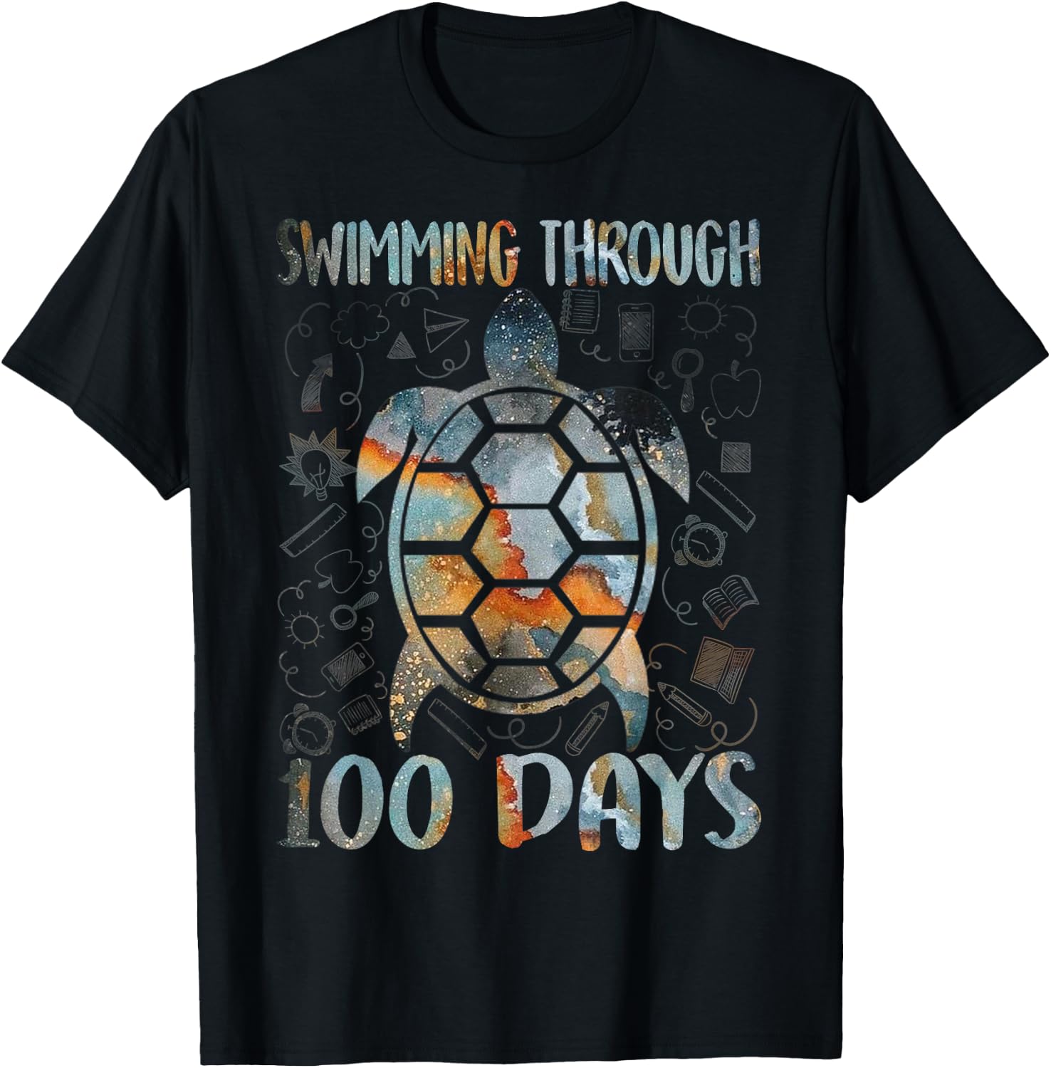 Turtle Sea Swimming Through 100 Days Of School Teacher Men Women Kids T-Shirt - T-Shirt | Black