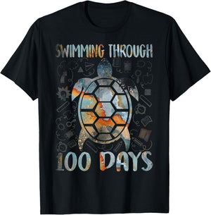 Turtle Sea Swimming Through 100 Days Of School Teacher Men Women Kids T-Shirt - T-Shirt | Black