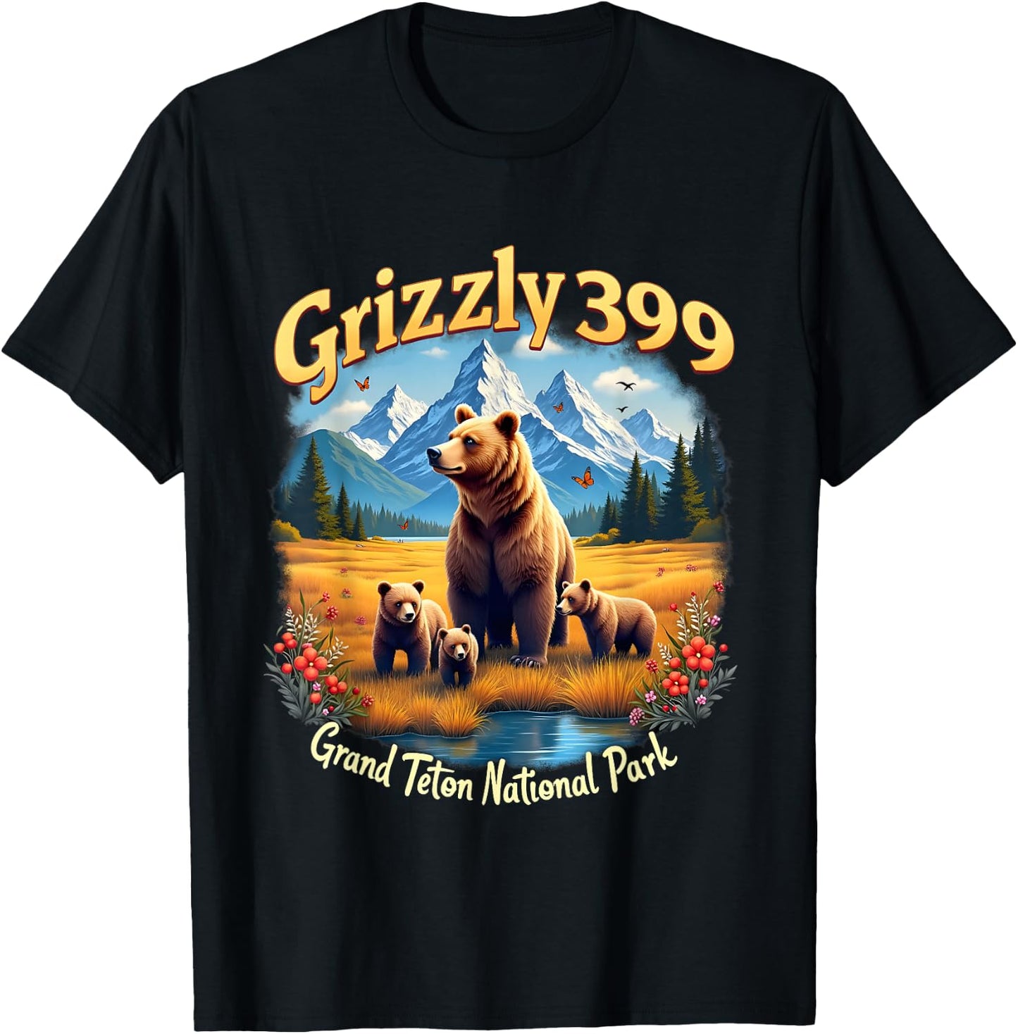 Retro Bear Grizzly 399 Wild & Free Grand Teton National Park T-Shirt - T-Shirt | Black