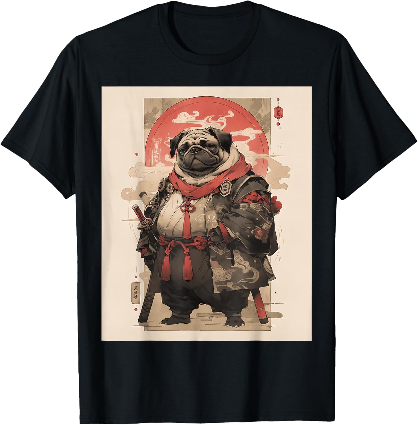 Samurai Pug Dog Japanese Pet Lover Warriors Art Aesthetic Men Women Girls Kids T-Shirt - T-Shirt | Black