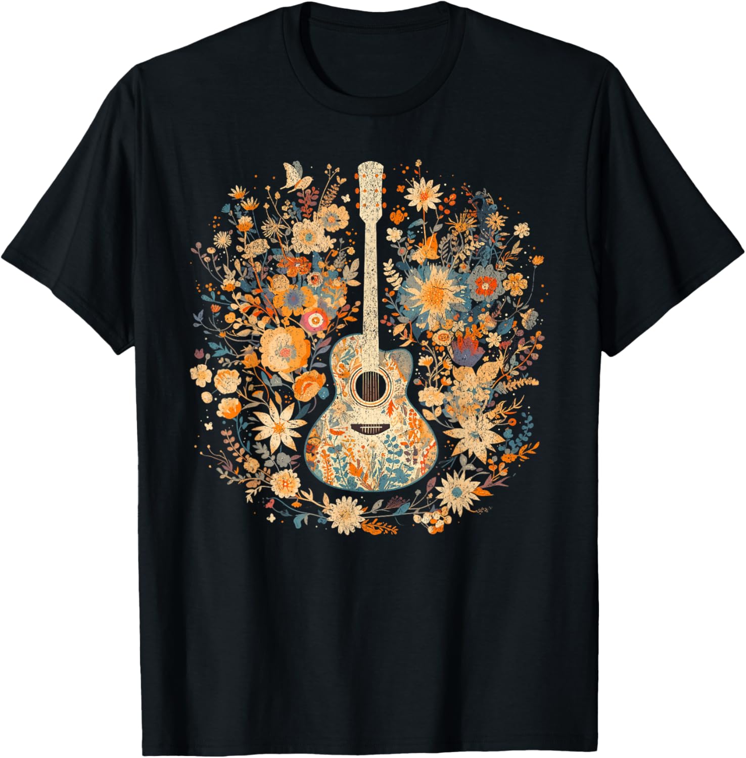 Acoustic Guitar American Folk Music Flowers Nature Country , Black, S T-Shirt - T-Shirt | Black