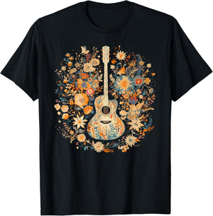 Acoustic Guitar American Folk Music Flowers Nature Country , Black, S T-Shirt - T-Shirt | Black