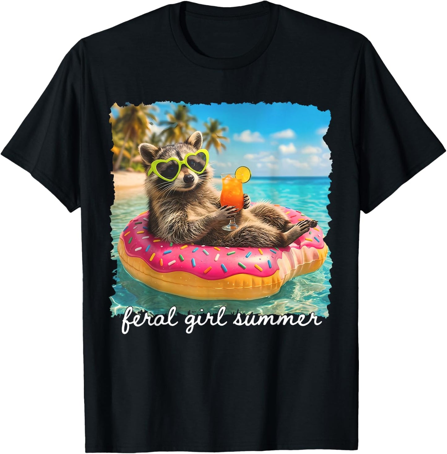Funny Raccoon Feral Girl Summer Tropical Beach Vacation Trip T-Shirt - T-Shirt | Black