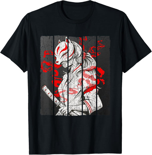 Japanese Mask Fox Aesthetic Kitsune Inari Oni Anime T-Shirt - T-Shirt | Black
