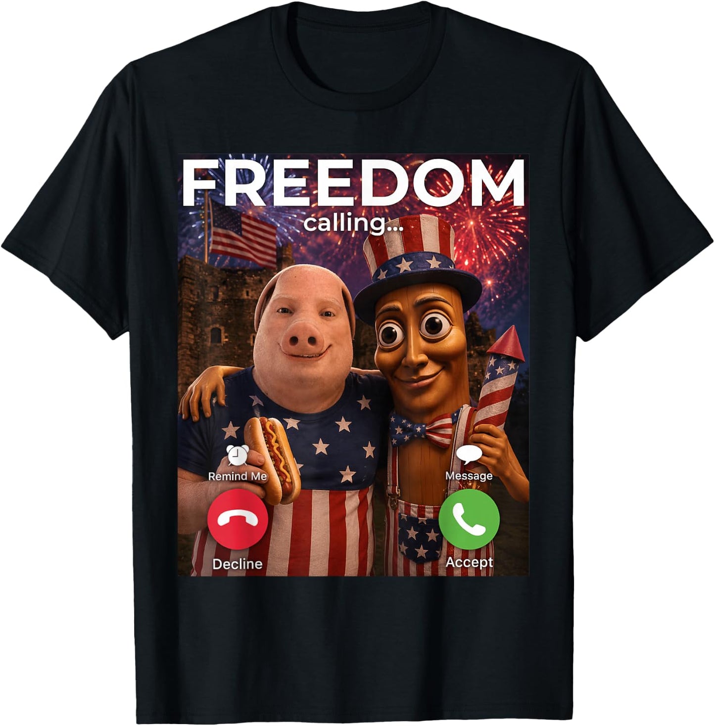 John Pork Tung Sahur Freedom Calling Meme Fireworks July 4th T-Shirt - T-Shirt | Black