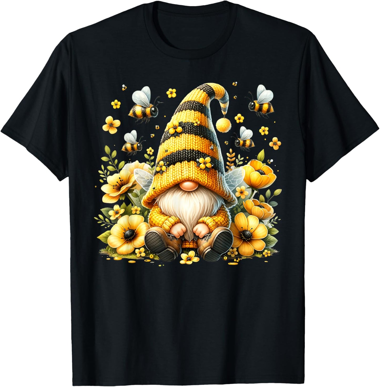 Cute Gnome Floral Bee Summer Beekeeper Botanical Gardening T-Shirt - T-Shirt | Black