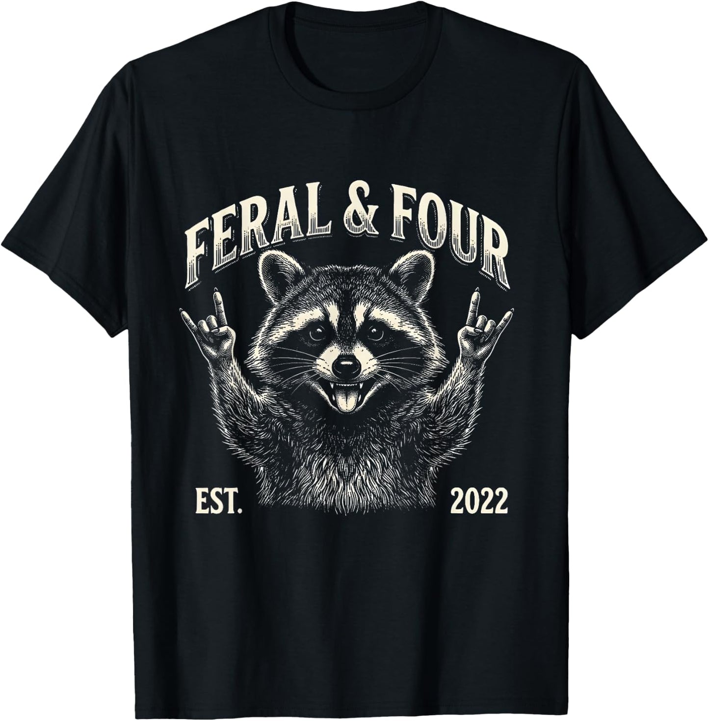 Feral and Four Raccoon Funny 4th Birthday Girls Boys Kids T-Shirt - T-Shirt | Black