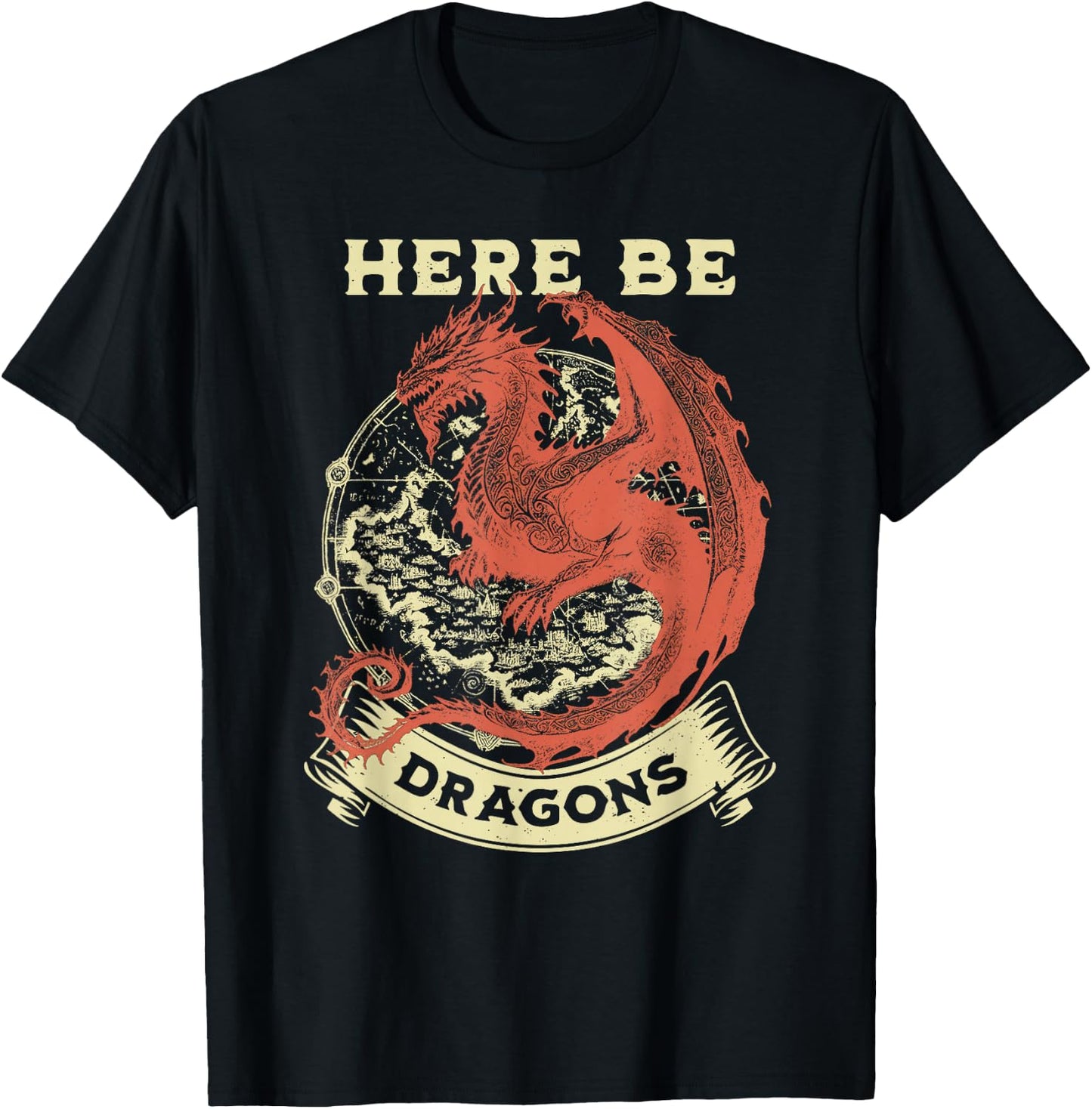 Here Be Dragons Map T-Shirt - T-Shirt | Black