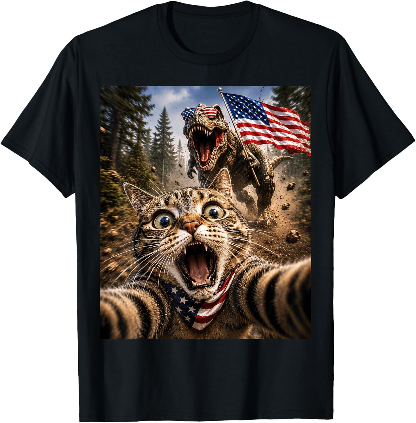 Patriotic TRex Cat Dinosaur Fourth of July Funny 4th of July T-Shirt - T-Shirt | Black