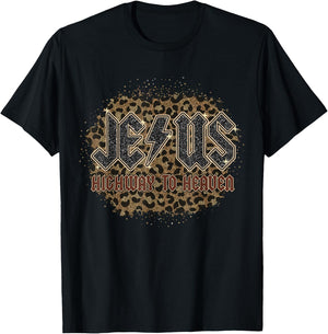 Bleached Leopard Jesus Highway To Heaven, Christian Apparel T-Shirt - T-Shirt | Black