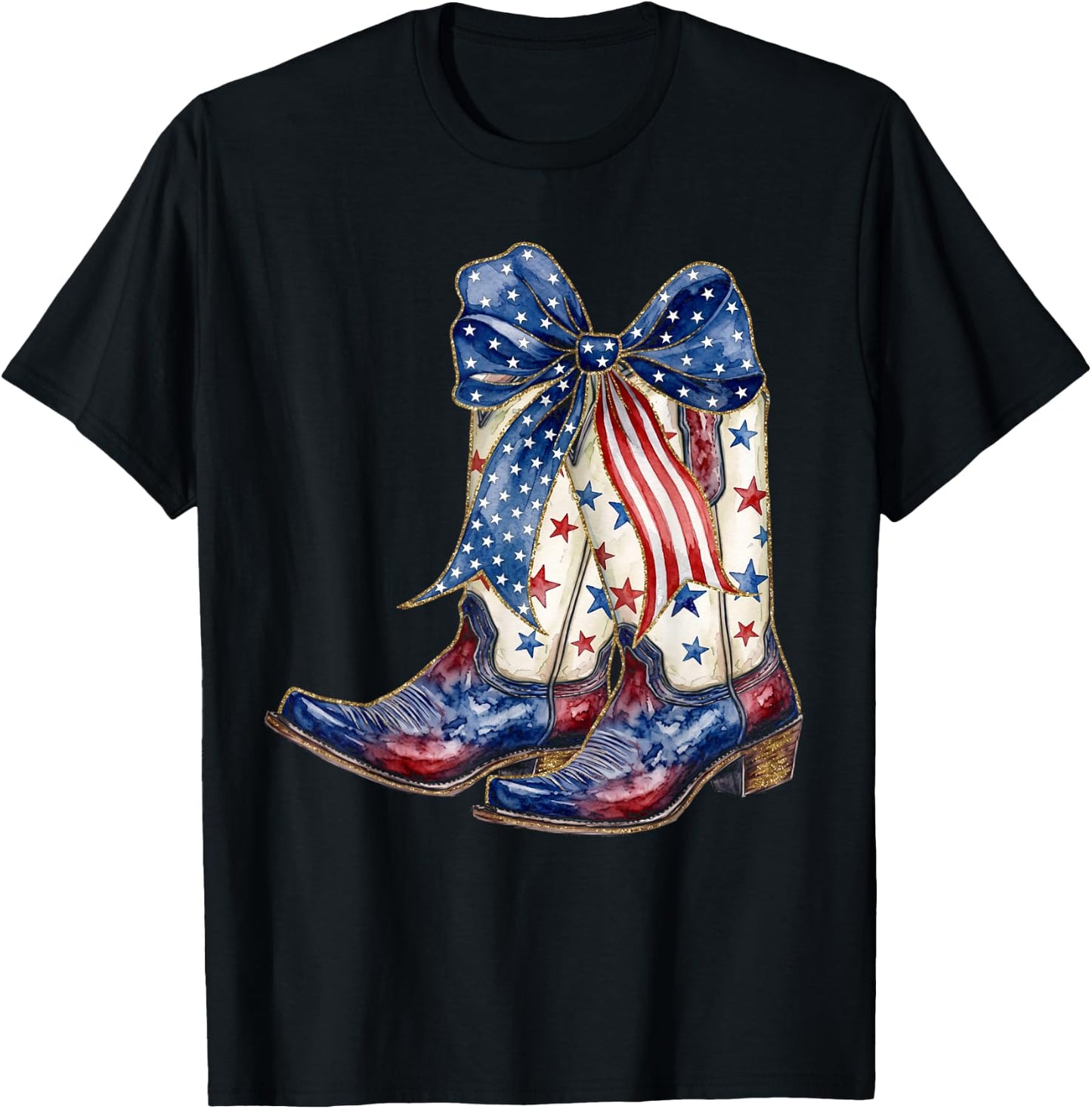 Retro Western Cowboy Boots Cowgirl American Flag 4th of July T-Shirt - T-Shirt | Black