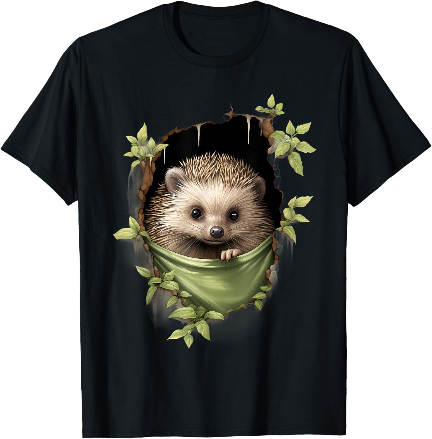 Hedgehog Nature Portrait Motif Animal Art Forest Wildlife , black T-Shirt - T-Shirt | Black