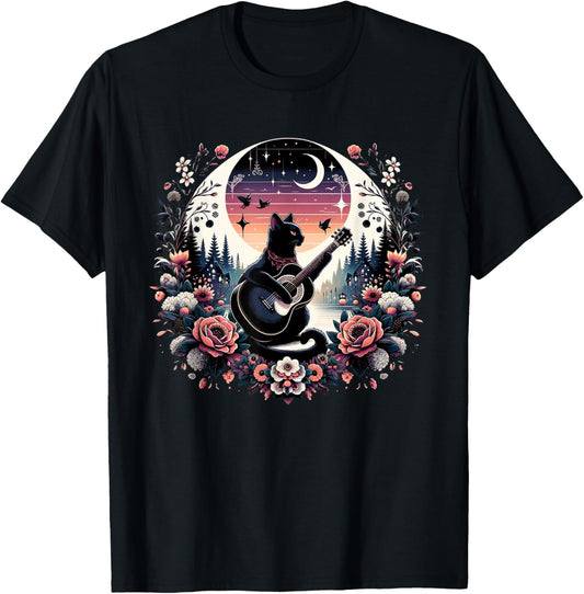Cottagecore Aesthetic Cat Playing Guitar in Moonlit Forest T-Shirt - T-Shirt | Black