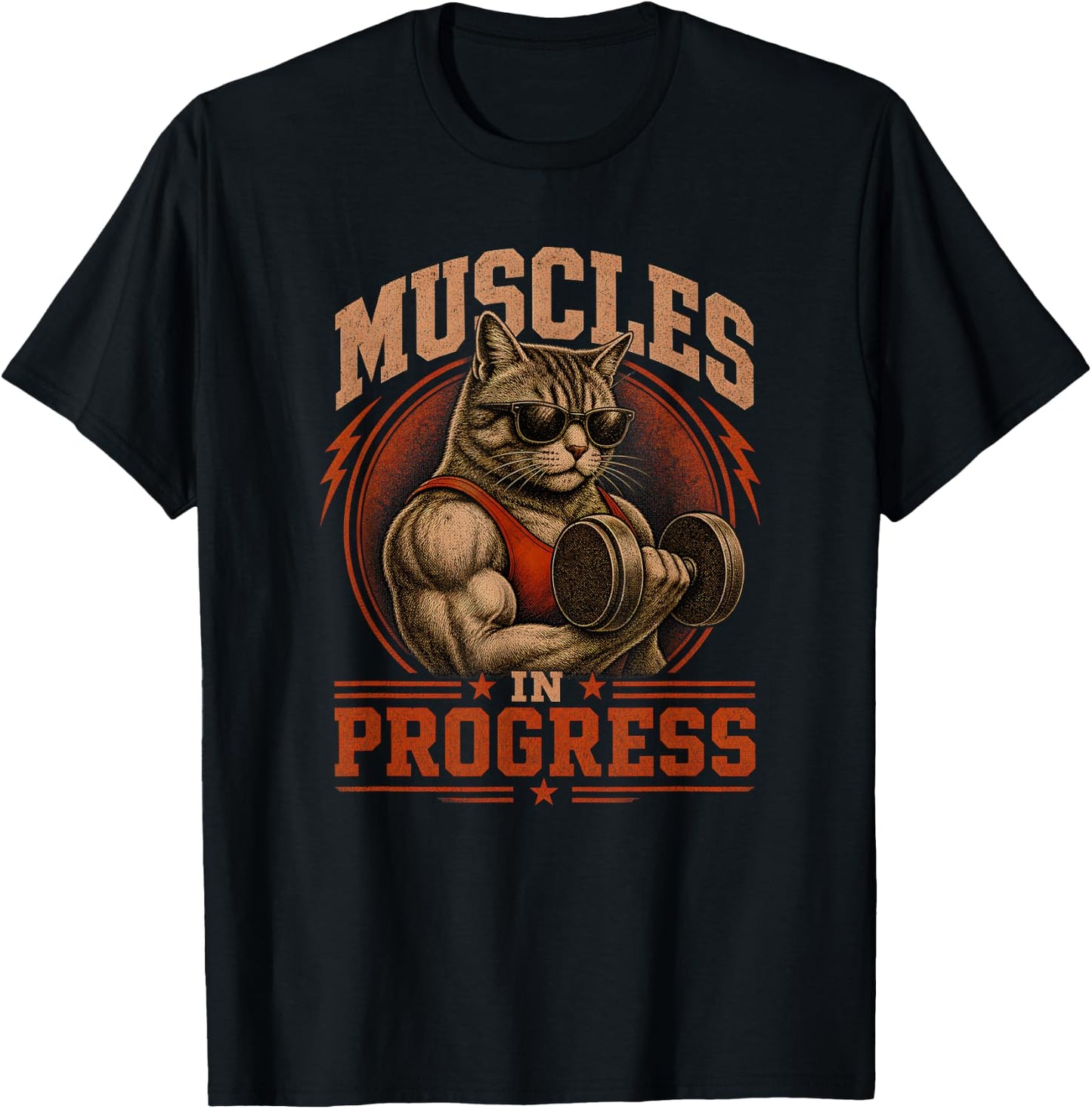 Cat Muscles in Progress Retro Vintage Workout Cat Gym T-Shirt - T-Shirt | Black
