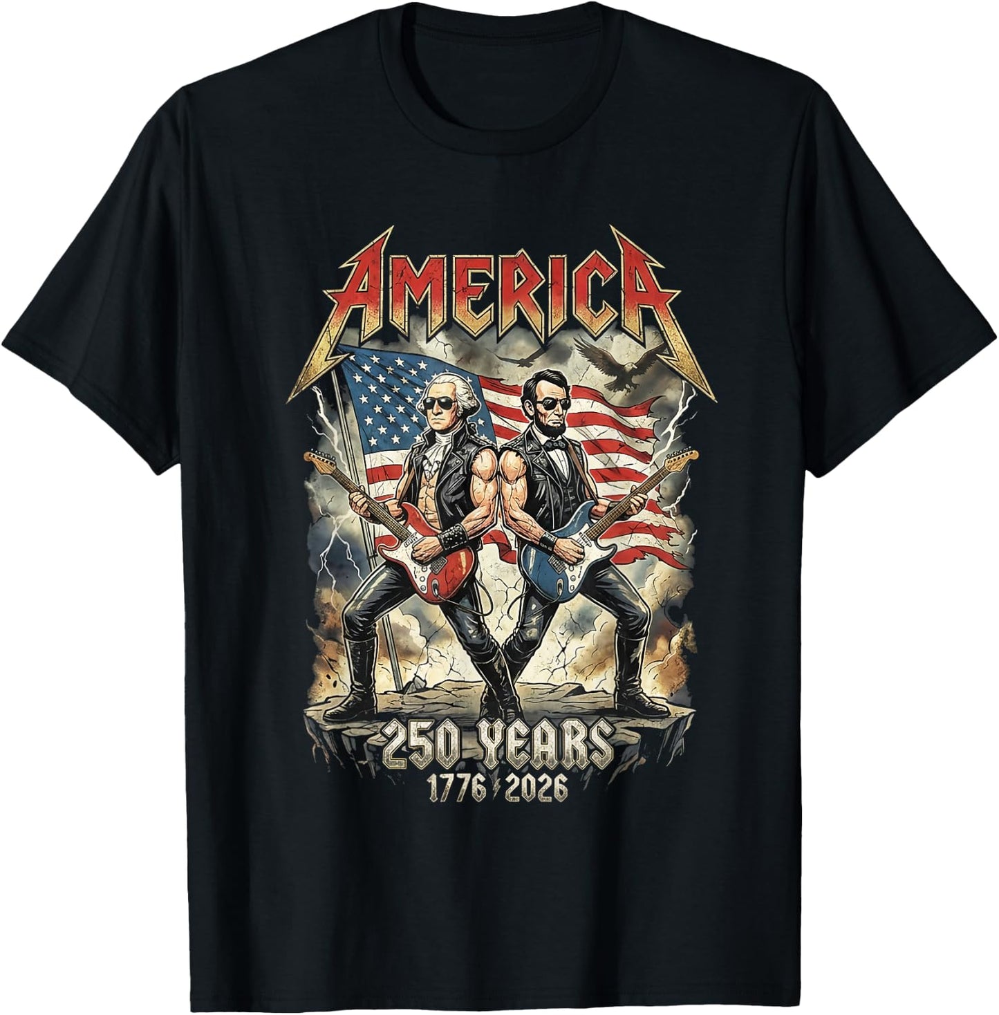 Abe Lincoln Guitar George Washington USA 250 Anniversary T-Shirt - T-Shirt | Black