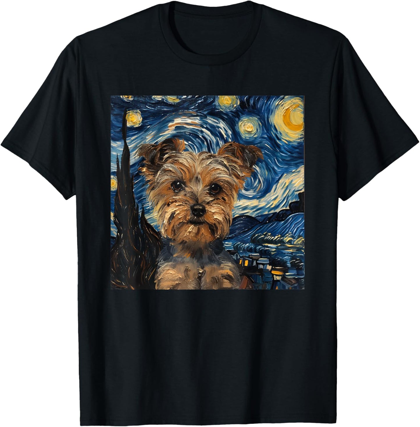 Yorkshire Terrier Dog Van Gogh Style Starry Night T-Shirt - T-Shirt | Black