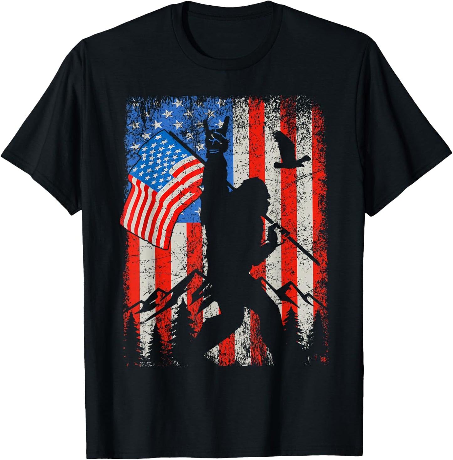Bigfoot American Flag Sasquatch 4th of July Men Boy Kid T-Shirt - T-Shirt | Black