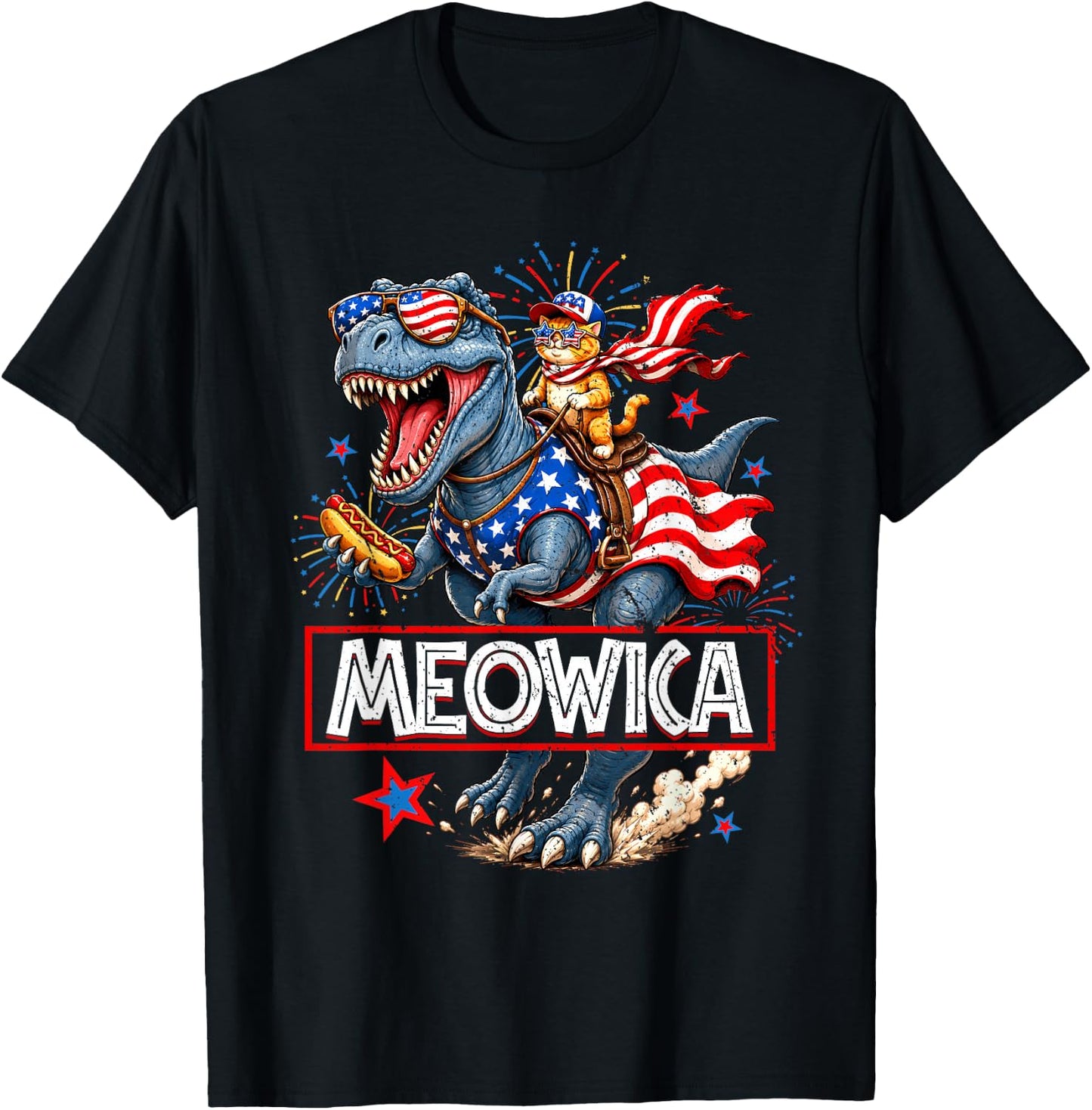 Meowica Cat Dinosaur TRex 4th of July Patriotic Toddler Boys T-Shirt - T-Shirt | Black
