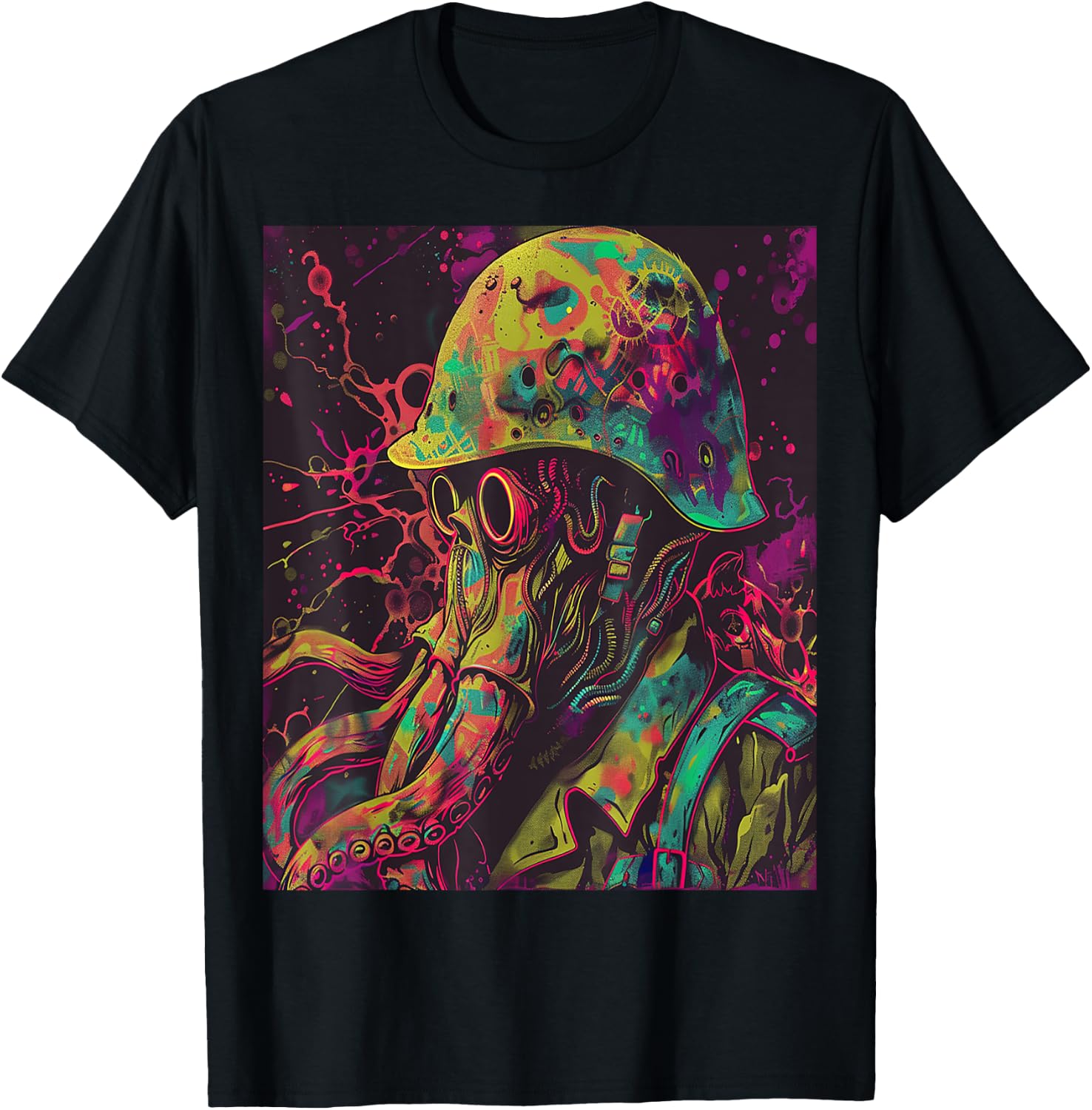 Cthulhu Psychedelic Soldier Wearing Helmet Colorful Art T-Shirt - T-Shirt | Black