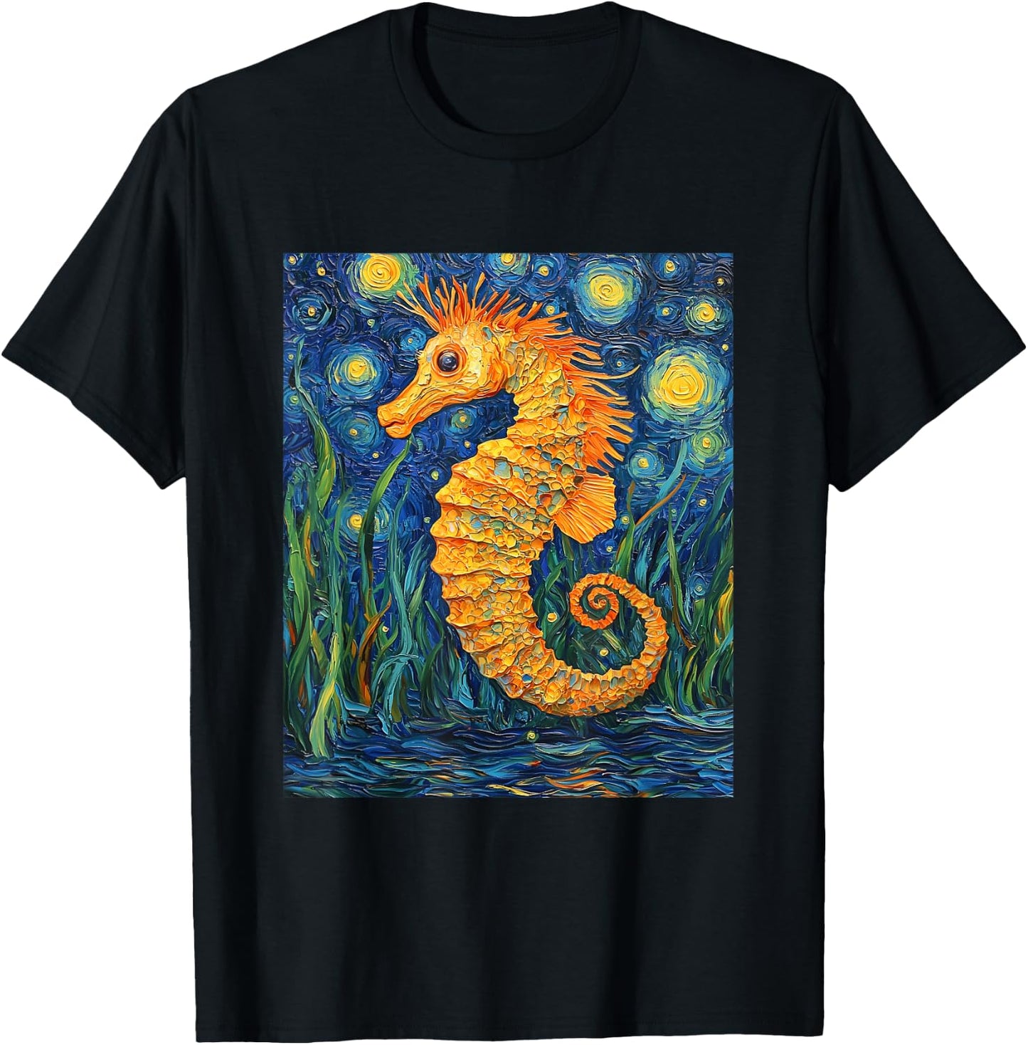 Cute Seahorse - Van Gogh Style - Starry Night Graphic T-Shirt - T-Shirt | Black