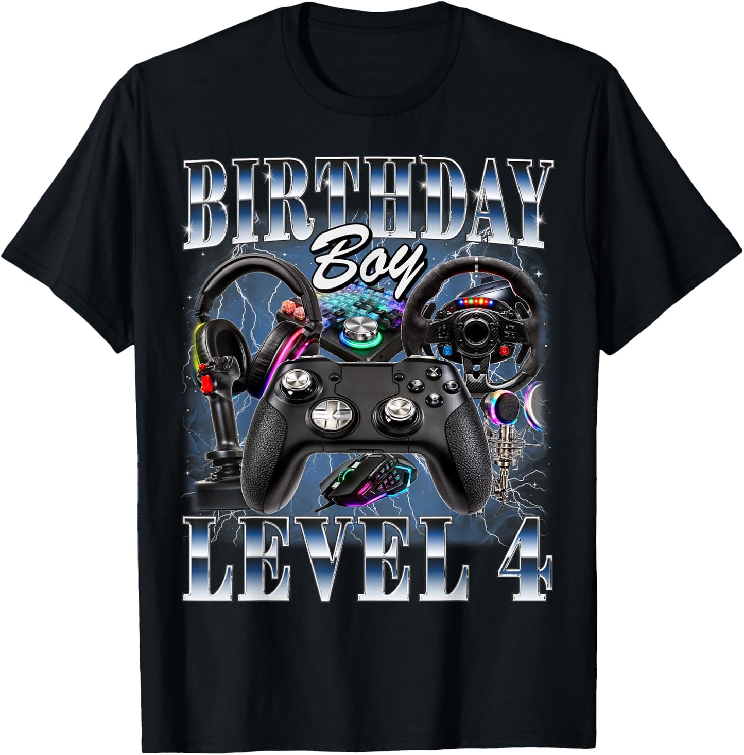 4th Birthday Boy Level 4 Video Gamer Lover 4 Year Old T-Shirt - T-Shirt | Black