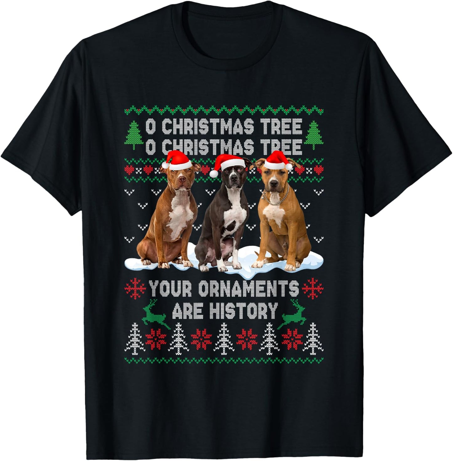 Cute Pitbull Dog Oh Christmas Tree Ugly Xmas T-Shirt - T-Shirt | Black