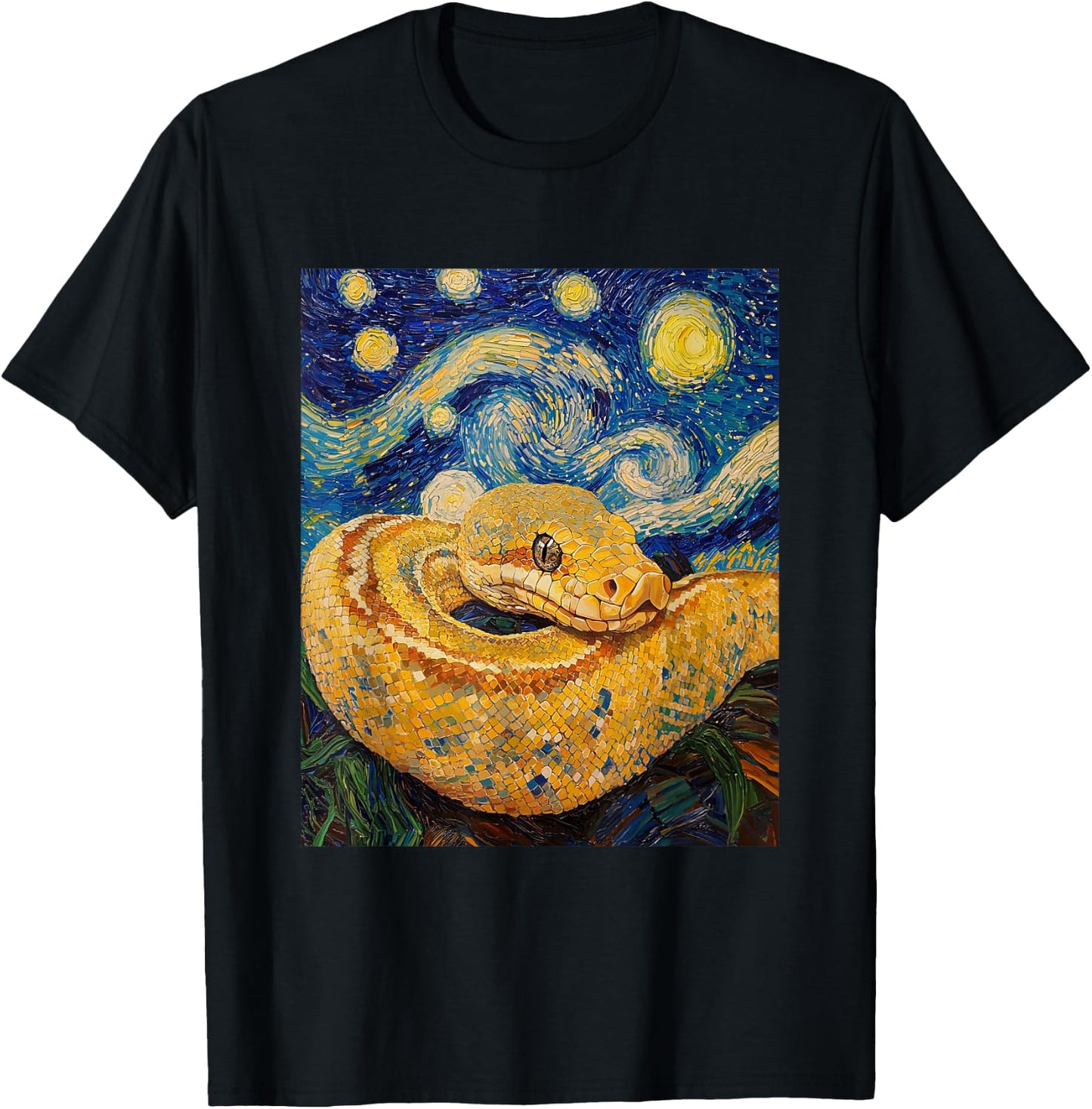 Funny Snake Reptile Van Gogh Style Starry Night Graphic T-Shirt - T-Shirt | Black