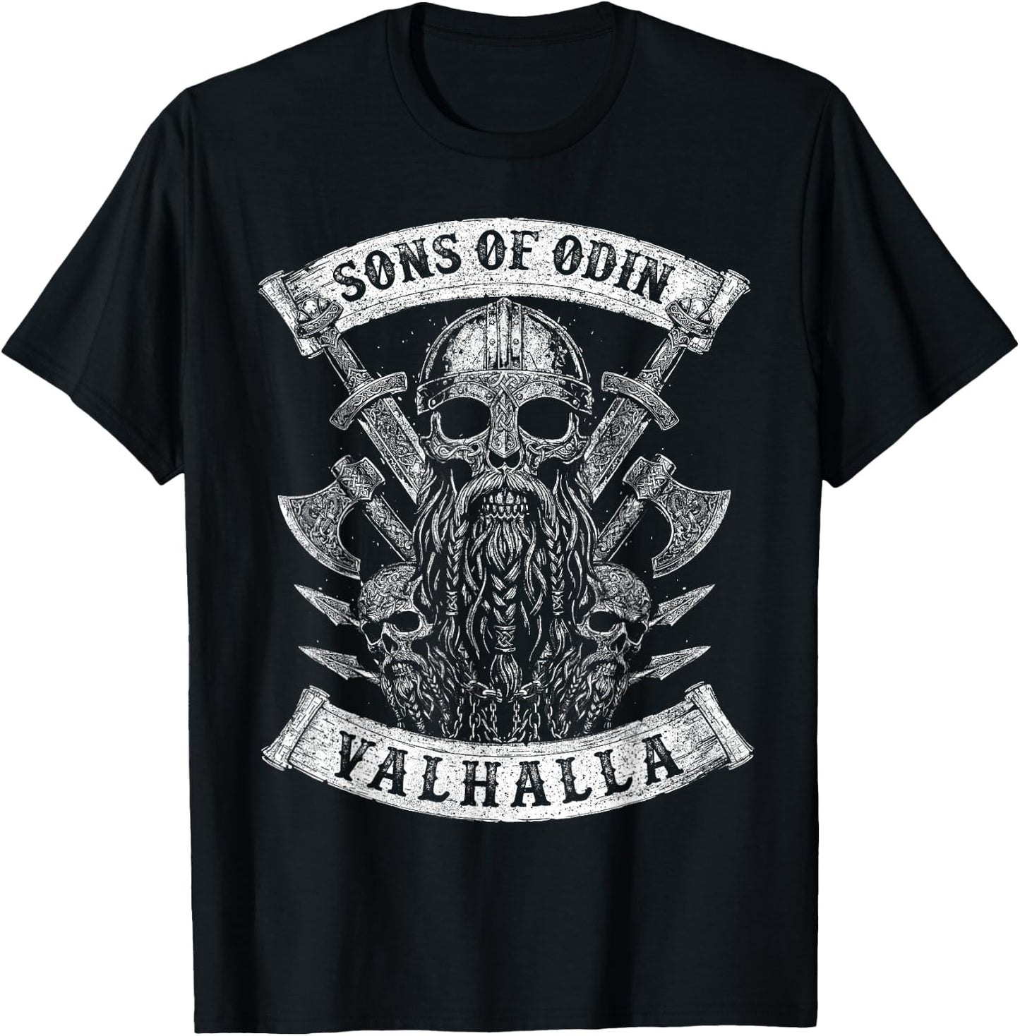 Sons of Odin- Valhalla Vikings Skull Black and White T-Shirt - T-Shirt | Black