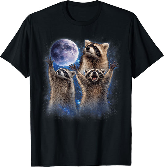 Three Racoon Howling to The Moon Funny Meme Men Women Kid T-Shirt - T-Shirt | Black
