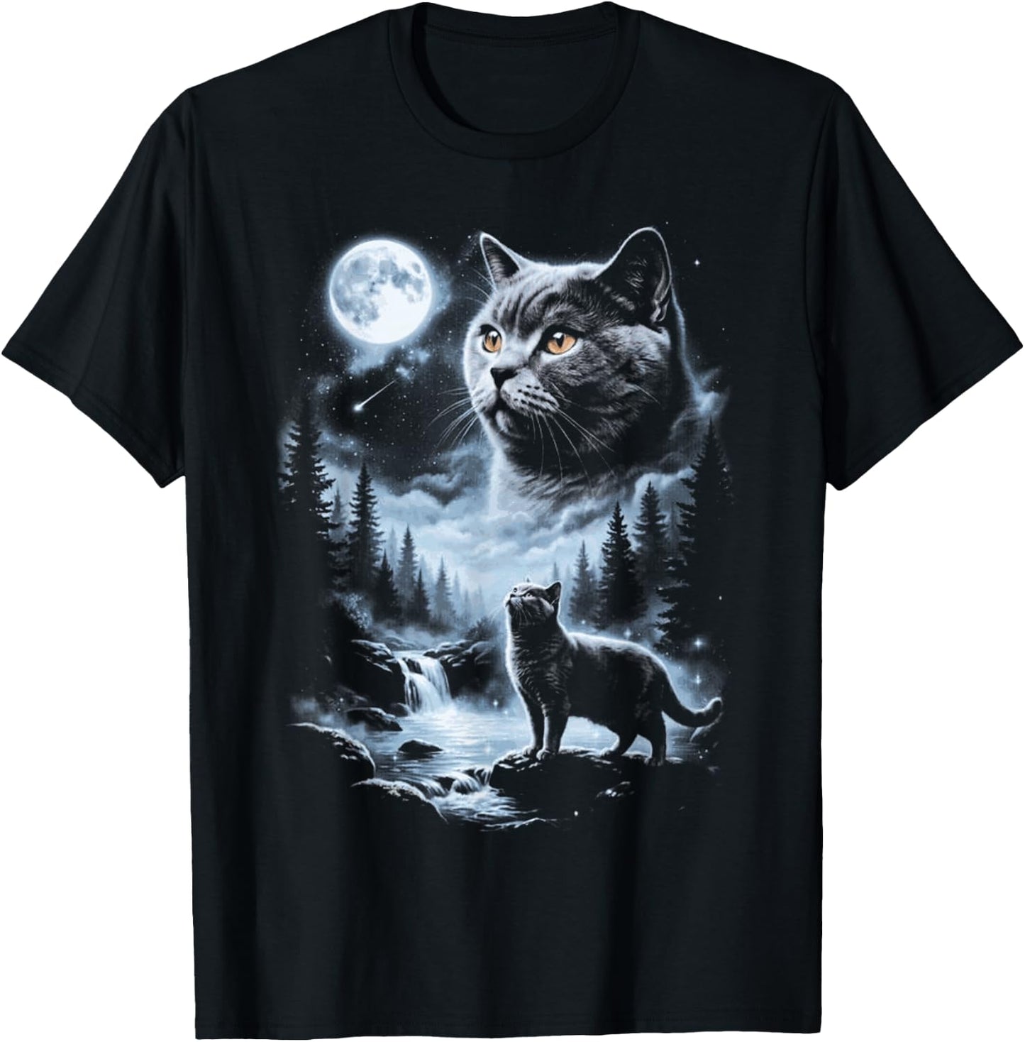 British Shorthair Cat Howling at the Moon T-Shirt - T-Shirt | Black