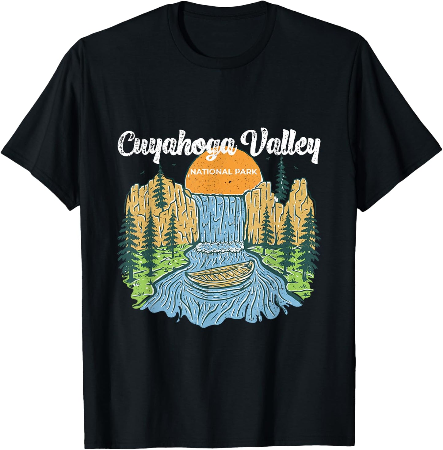 Vintage Sunset Waterfall In Cuyahoga National Park Ohio T-Shirt - T-Shirt | Black