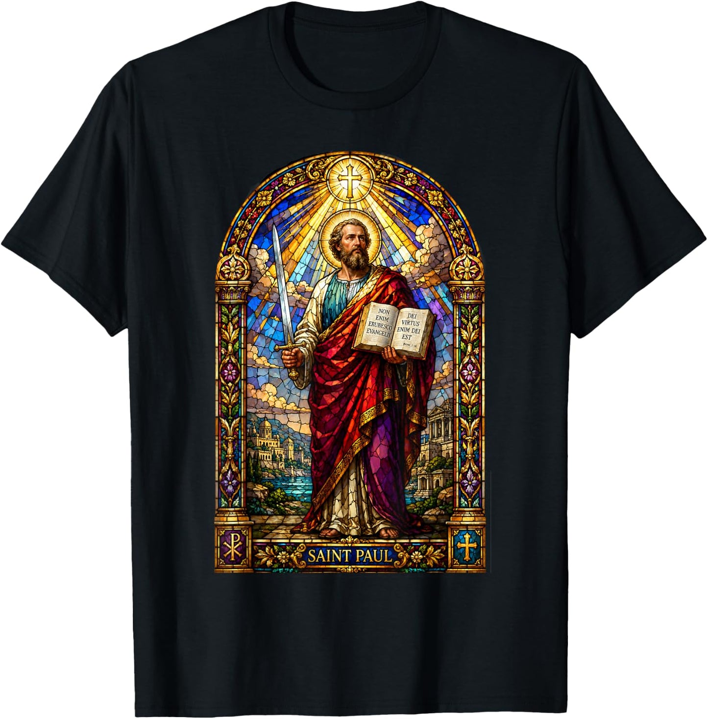 Saint Paul Apostle Sword Gothic Cathedral Mosaic Art Icon T-Shirt - T-Shirt | Black