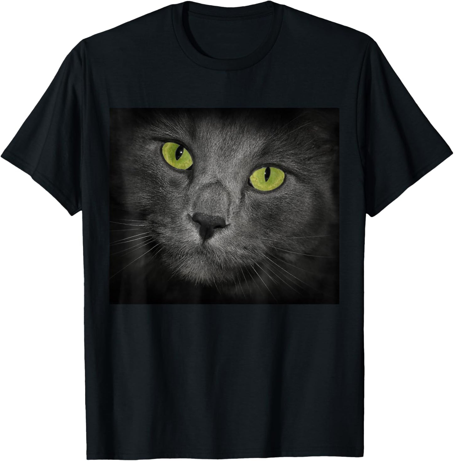 Cat with Green Eyes Gray Fur T-Shirt - T-Shirt | Black