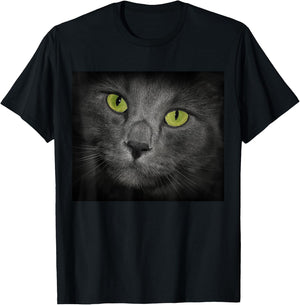 Cat with Green Eyes Gray Fur T-Shirt - T-Shirt | Black
