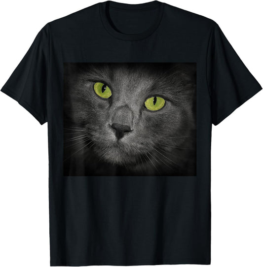 Cat with Green Eyes Gray Fur T-Shirt - T-Shirt | Black