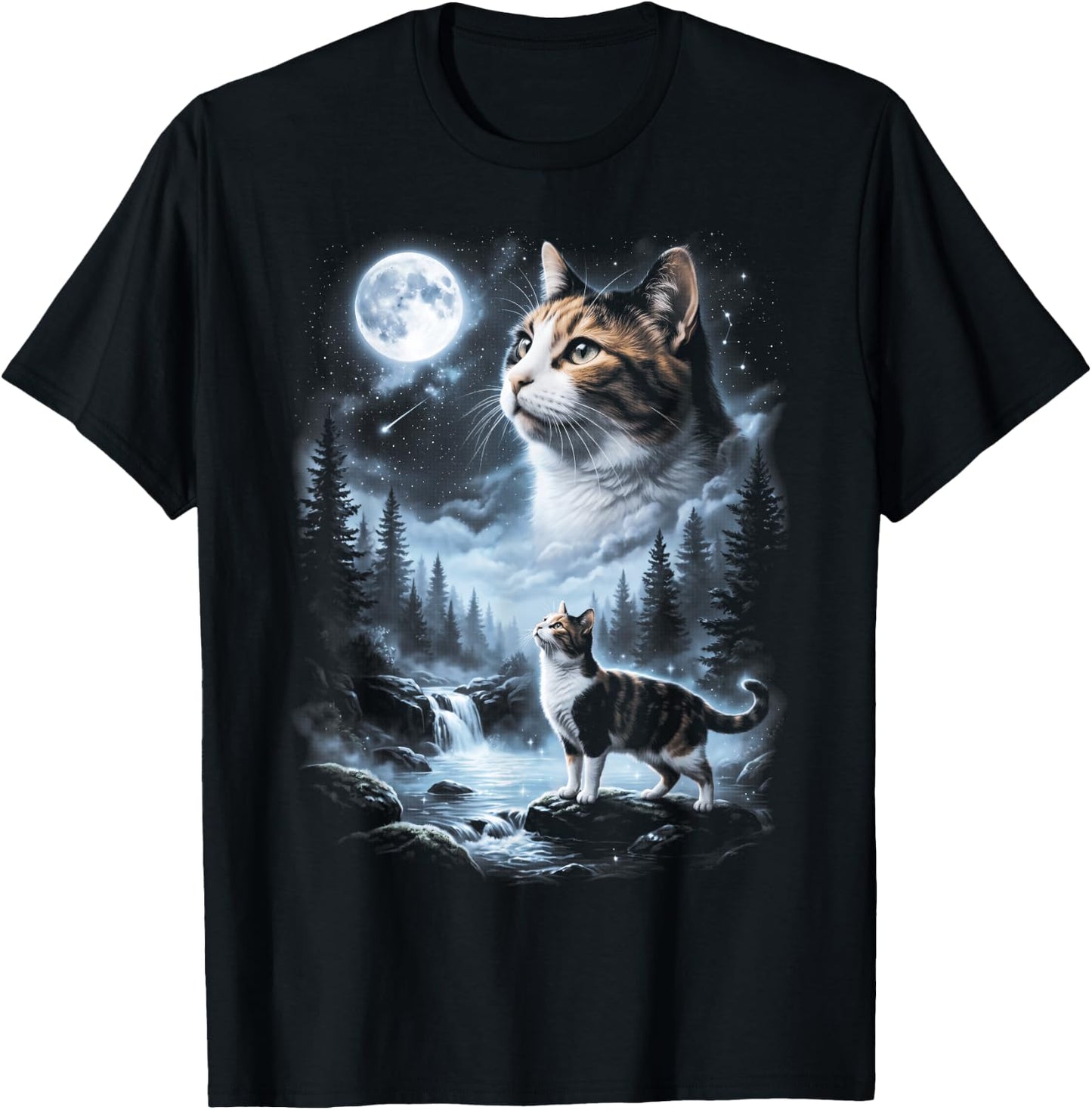 Calico Cat Howling at Moon 90's Retro T-Shirt - T-Shirt | Black