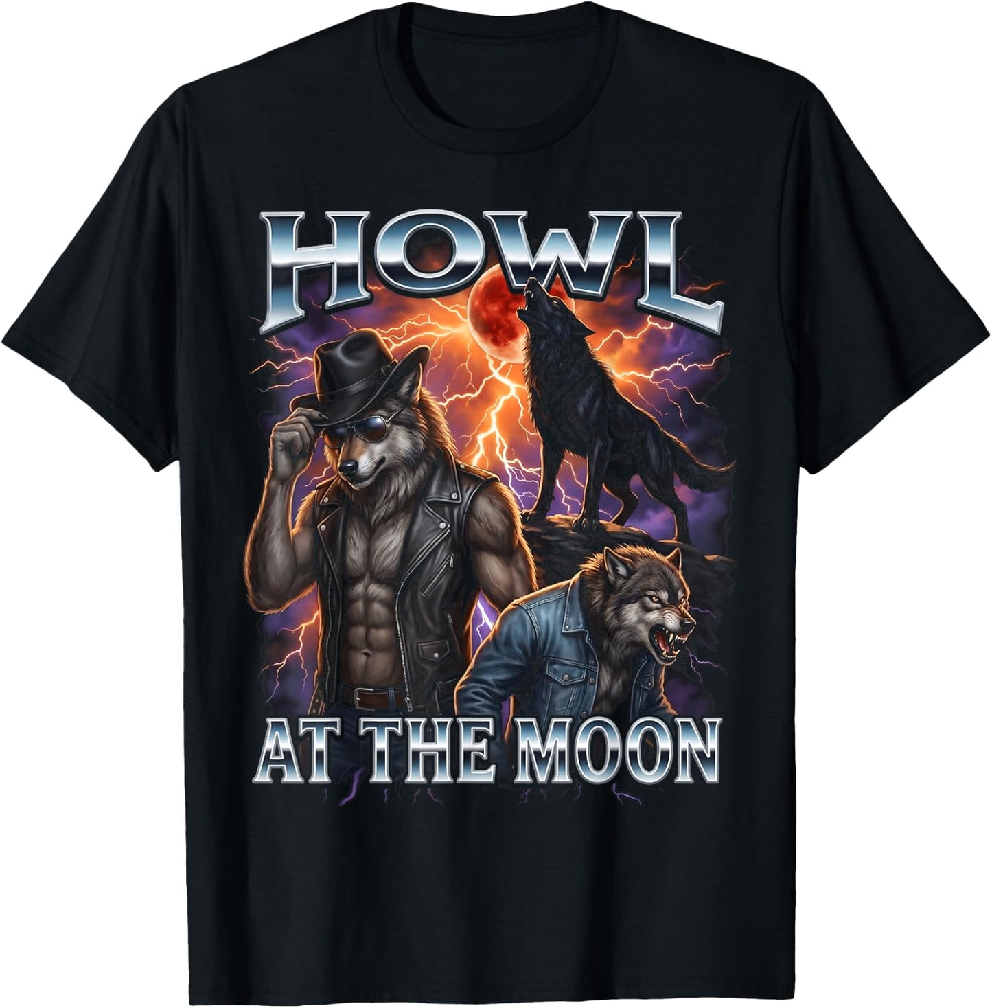 Howl At The Moon Cowboy Biker Werewolf T-Shirt - T-Shirt | Black