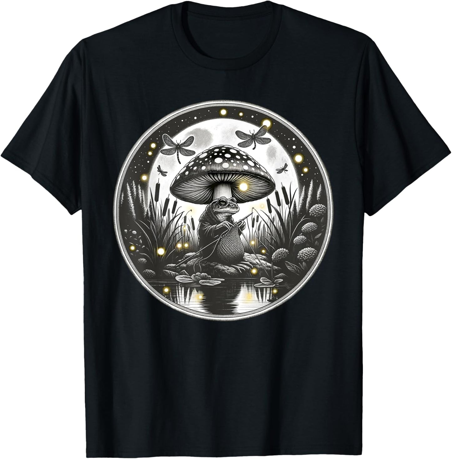 Frog Knitting Under Mushroom Cap Nature Crochet T-Shirt - T-Shirt | Black