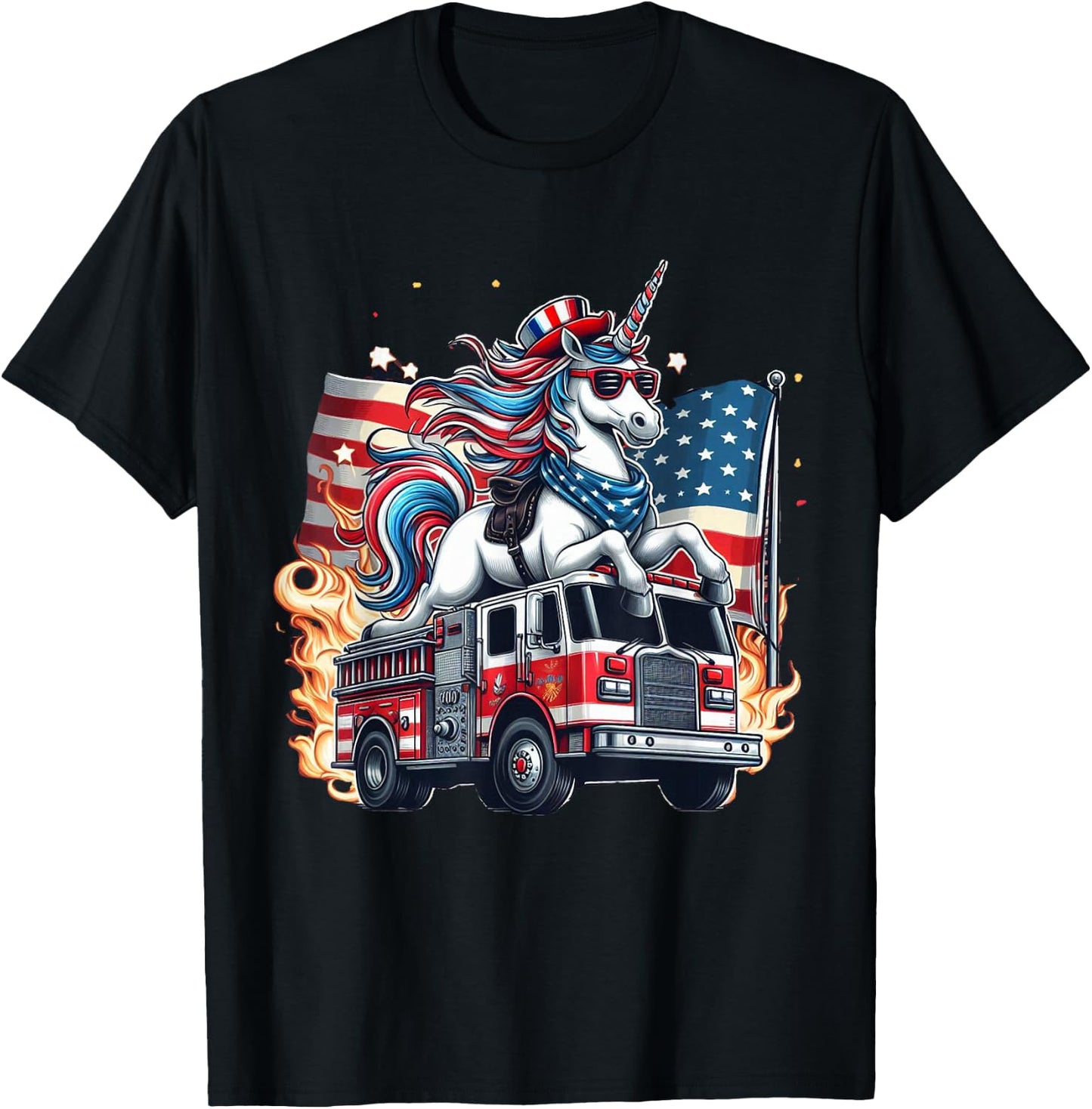 Unicorn Riding Fire Truck 4th of July Boys Girls Women Kids T-Shirt - T-Shirt | Black