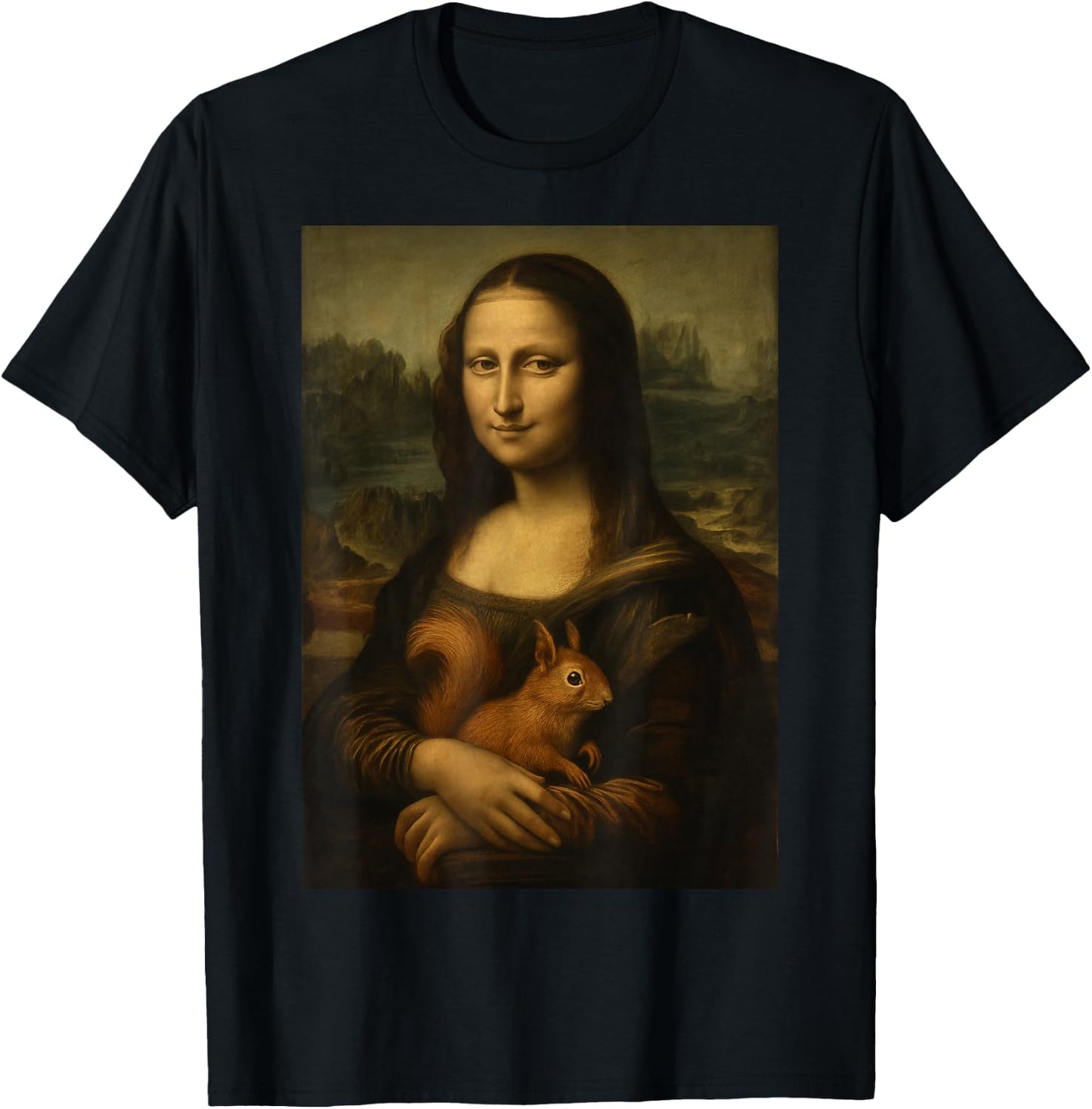 Mona Lisa and Squirrel Art Funny Fine Art Parody T-Shirt - T-Shirt | Black