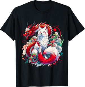 Japanese Nine-Tailed Fox Kitsune Dragon , black T-Shirt - T-Shirt | Black