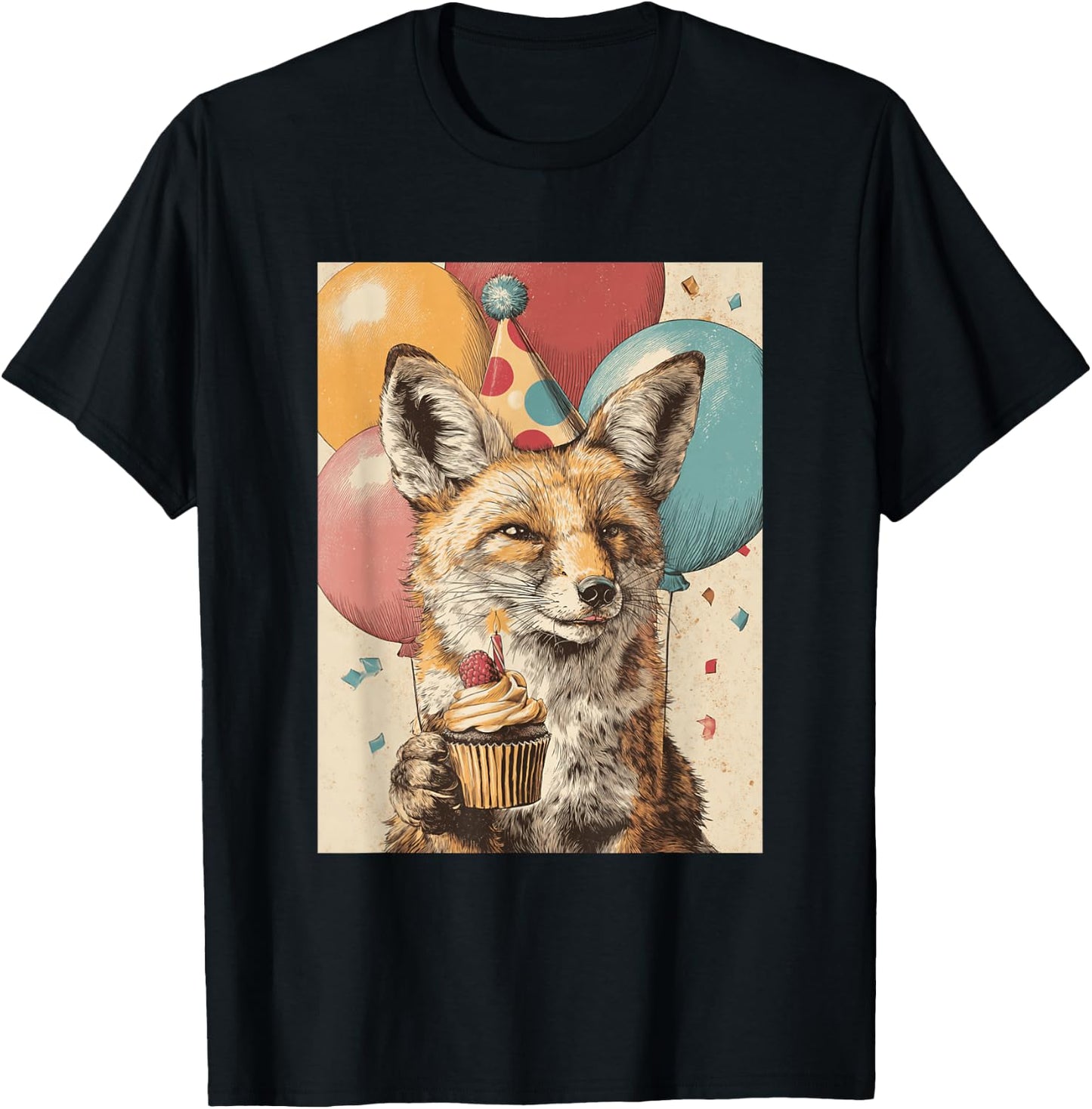 Coyote Retro Art Print Birthday Party Balloons & Cupcake T-Shirt - T-Shirt | Black