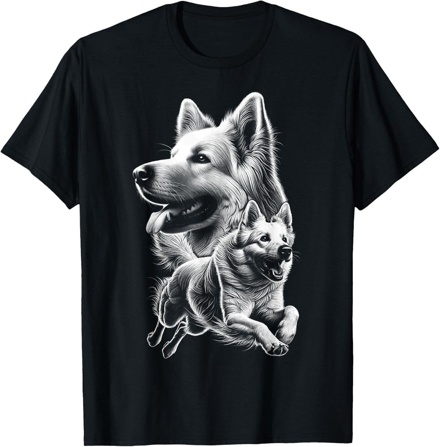 Cheerful White Shepherd Dog Fine Drawn Picture , black T-Shirt - T-Shirt | Black