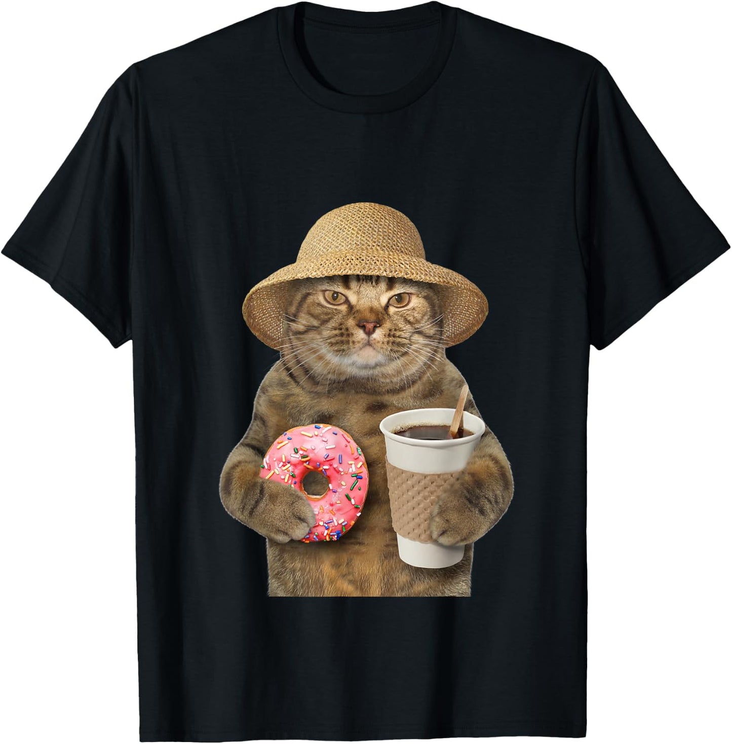 Funny brown Cat with coffee and donut T-Shirt - T-Shirt | Black