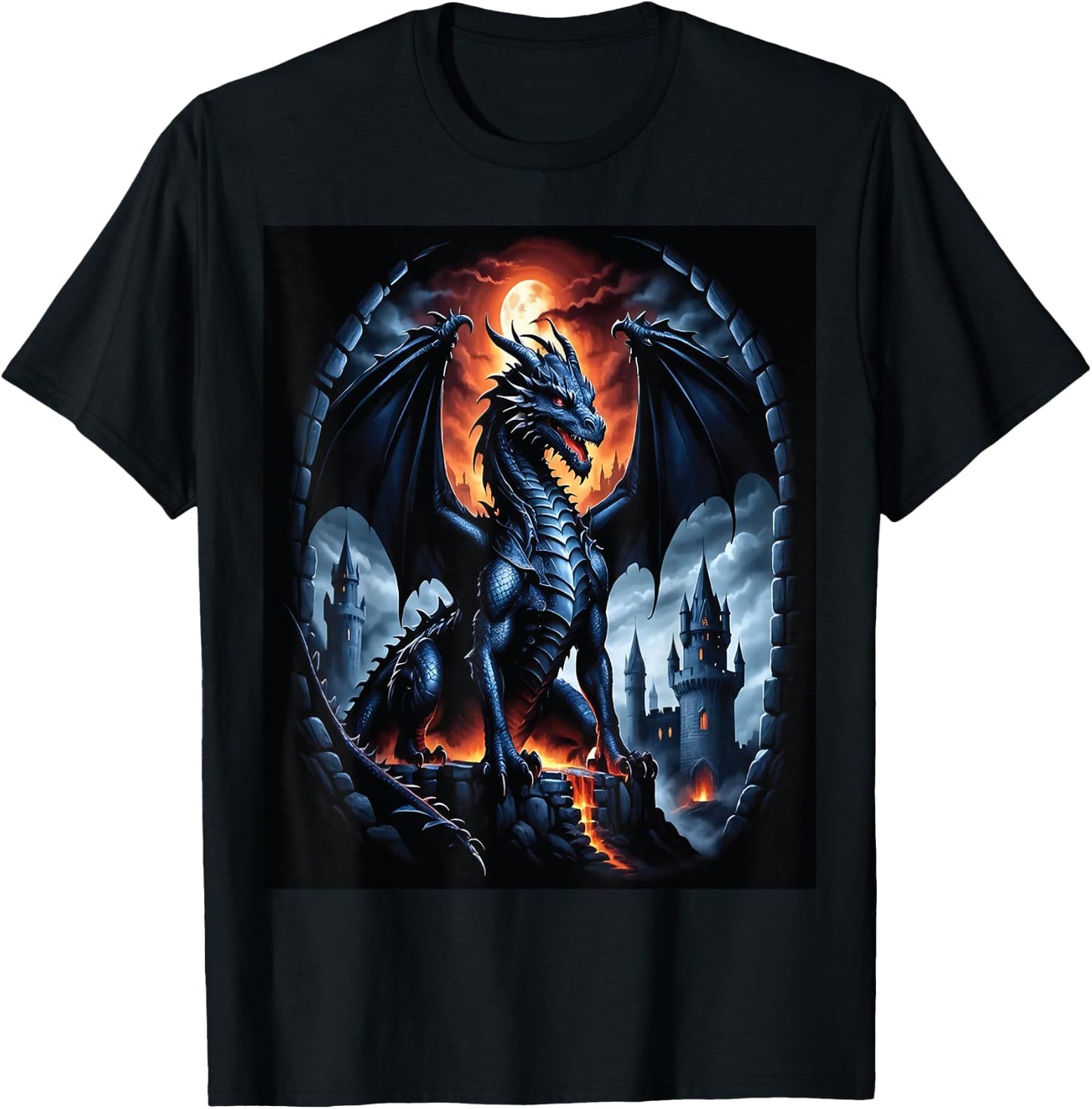 Drache Vollmond Schloss Feuer Fantasy Kunst T-Shirt - T-Shirt | Black