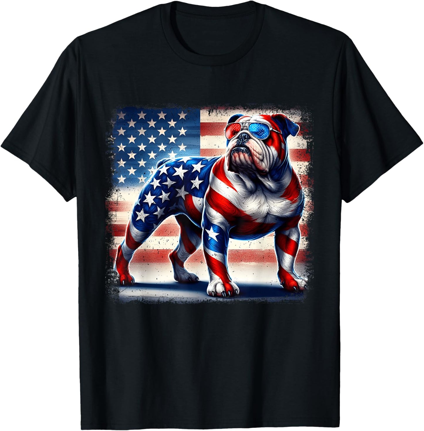 English Bulldog Dog 4th of July USA American Flag Patriotic Women Kids T-Shirt - T-Shirt | Black
