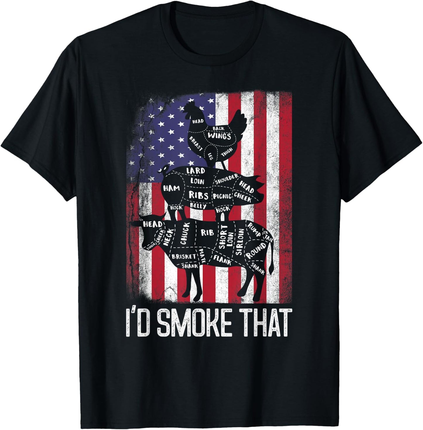 BBQ USA Flag I'd smoke that Beef Pork Chicken Butcher Funny Women Men T-Shirt - T-Shirt | Black